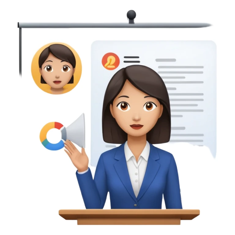 a asian women public speaking with presentation in the background sticker