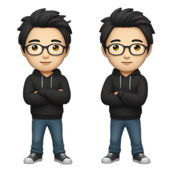 A mature Chinese boy with black hair and circle-shaped eyeglasses wearing black hoodie and ✌️ shaped hands sticker