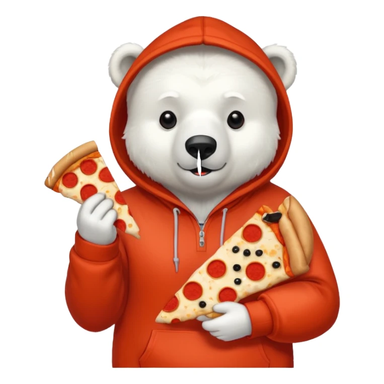 polar bear with pizza wearing red orange hoodie sticker