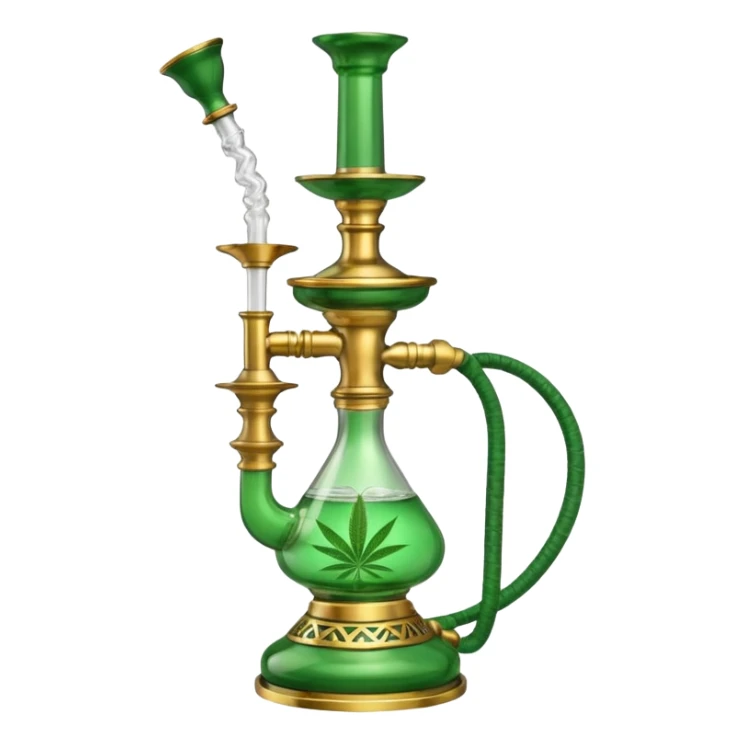 Brass hookah with green design on a glass water base and a weed banger on the top sticker