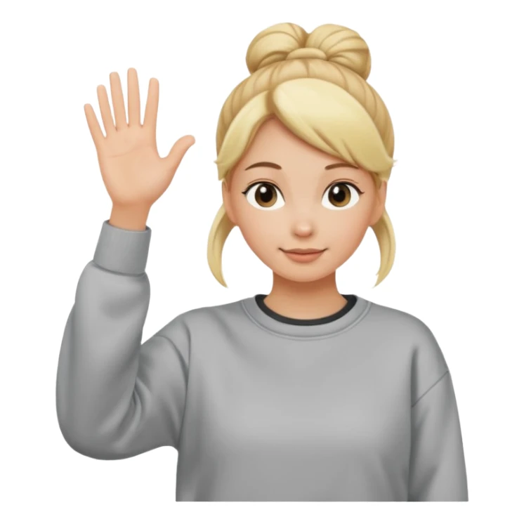 blonde woman with bun in casual clothes and sweat shirt waving sticker