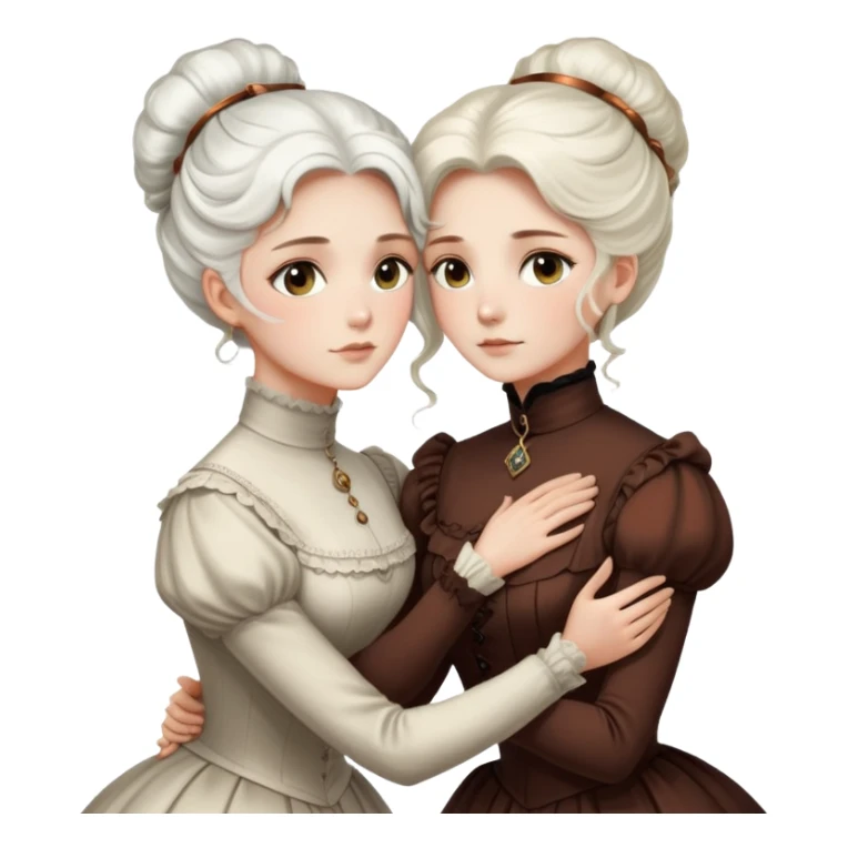 Two Victorian women with light eyes hugging closely, one with elegant white coiffed hair and one with dark copper coiffed hair, both wearing high-necked Victorian turtleneck dresses sticker