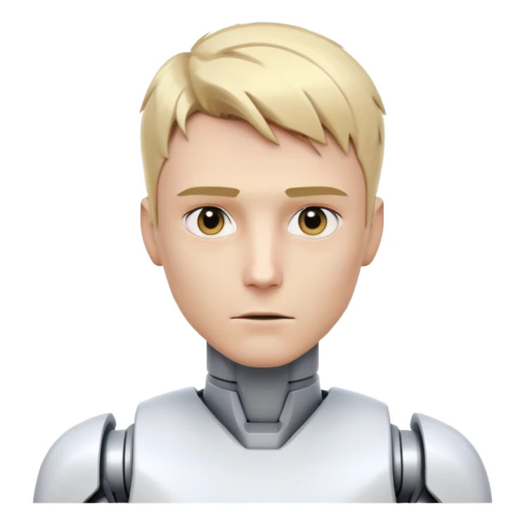 Male robot with short blond hair, sharp jawline, intense eyes, white tech clothing, neutral expression, futuristic assistant sticker