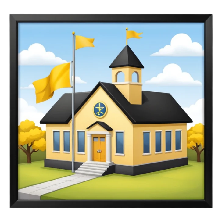 magic school, with a flag, flag on a roof, yellow flag, white school sticker