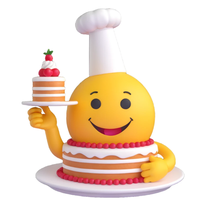 3D smiley emoji, round shape, pastry chef: with cake, white hat, funny face sticker