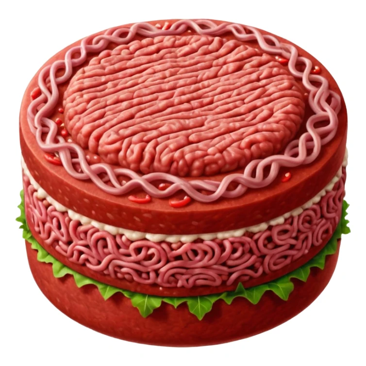 single round patty of raw ground beef, vivid red color, dense compact texture with visible strands of minced meat, slightly domed top, clean edges, moist fresh surface, no garnish, herbs, plate, or extras, soft lighting, subtle shadows, emoji scale sticker