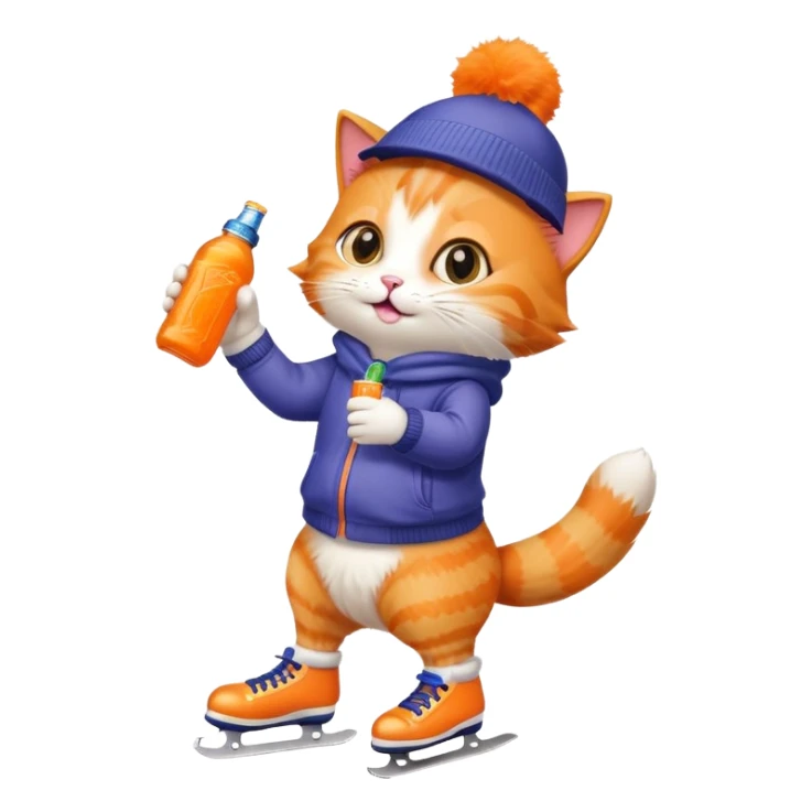a cat holding a fanta bottle while skating in snow on his phone sticker