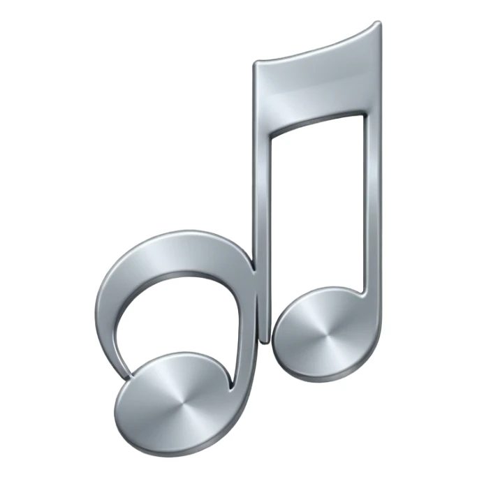 Minimal emoji icon of a single metallic silver music note, clean shape, smooth edges sticker