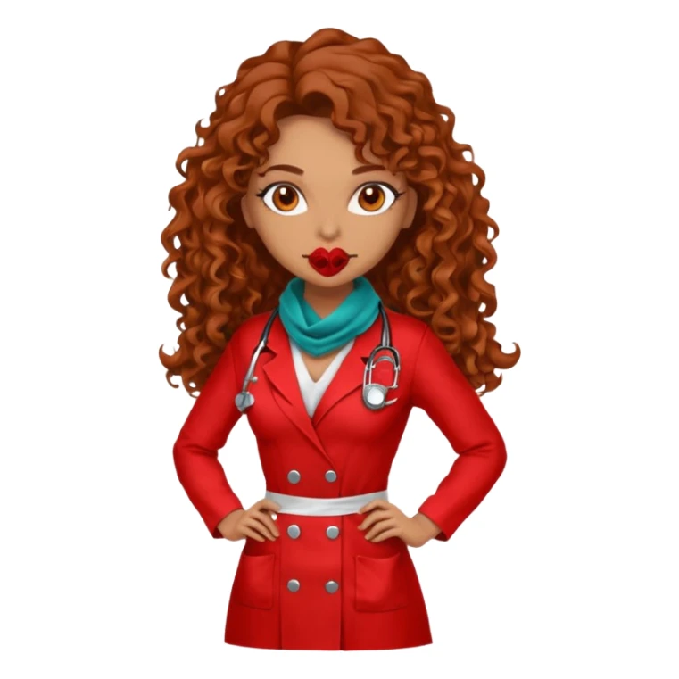 Sensual Spanish Lilith core evil surgeon.red outfit.  Surgeon has hazel eyes. Her hair is BROWN. Hair is also  long and  curly. wearing a sexy surgeon outfit with platform  heels.she is a calculated smart killer. She covers only her mouth and nose with silk scarf to hide identity  sticker