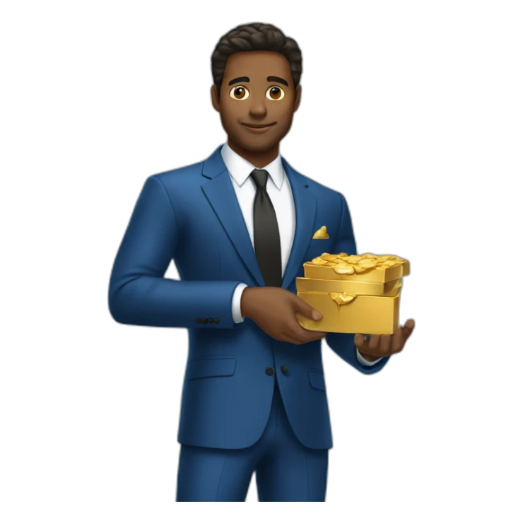 Posh-man-with-blue-suit-holding-gold sticker
