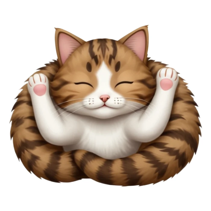 dark brown tabby and white small cat in funny positions upside down with eyes closed sticker