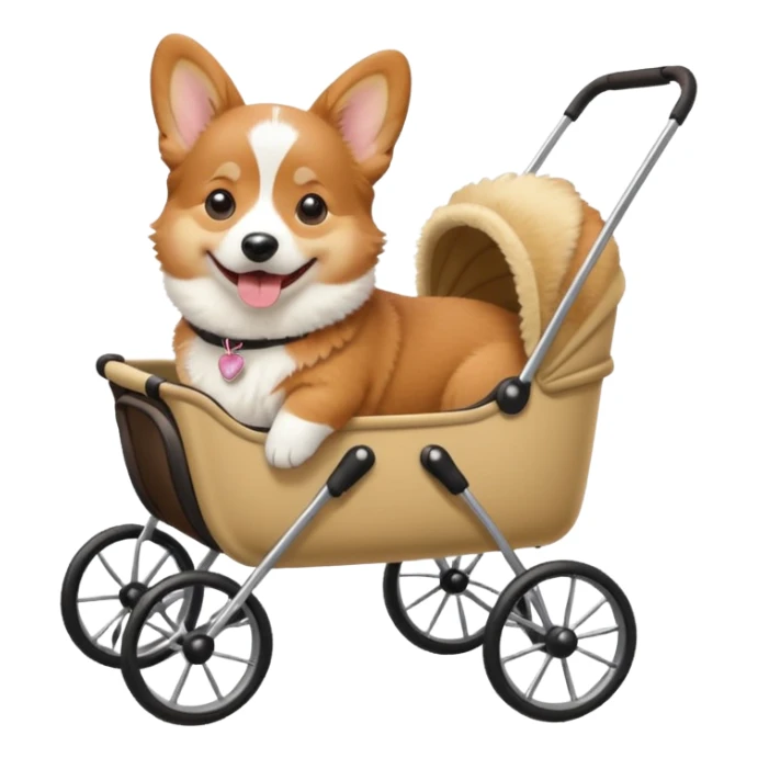 realistic corgi sitting in a dog stroller, apple style emoji, corgi looks real sticker