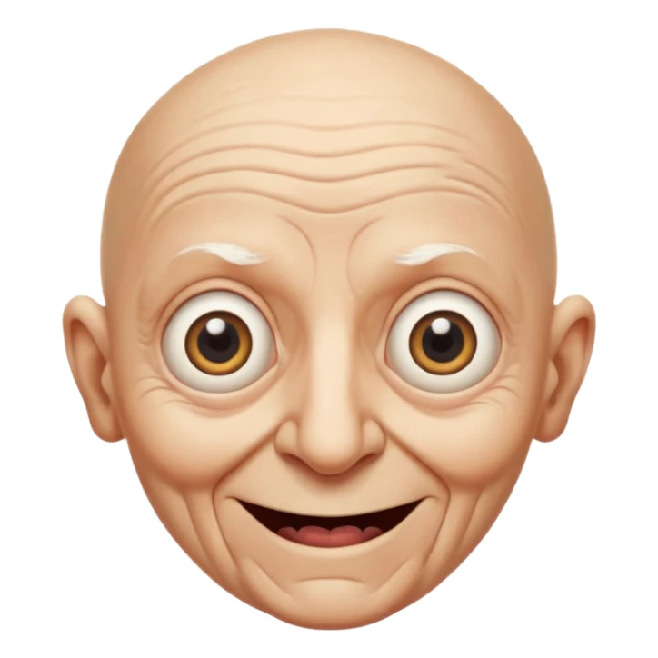 A bald person who’s very old is staring, head upright and looking at the camera with very wide eyes and a massive smile, in a very creepy way. sticker
