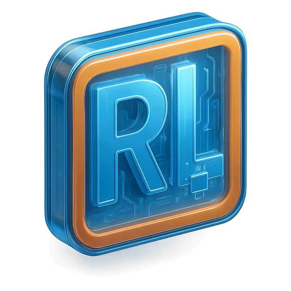 Add a tech-inspired icon such as a circuit, microchip, or digital element to the modern 'RL' logo. Keep the design minimalistic and professional with clean lines and a subtle metallic or gradient finish. Maintain the transparent background. sticker