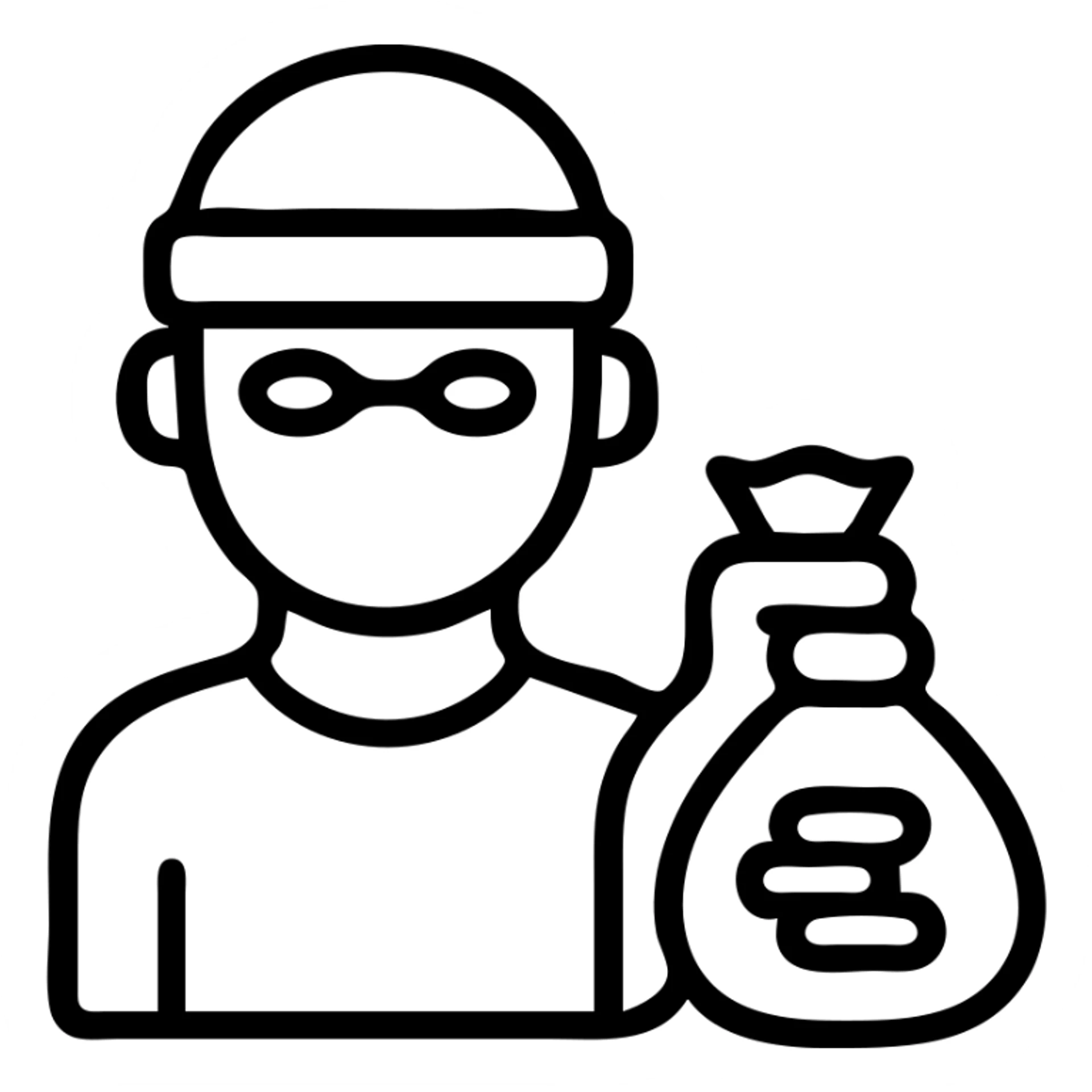 minimalist thief with mask and cap holding a bag of silver coins sticker
