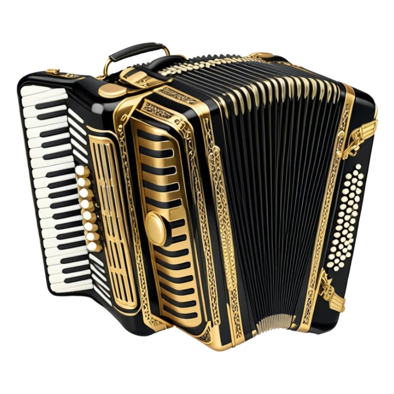Create an elegant and detailed emoji representing a luxurious Weltmeister accordion. The design should feature the accordion with its signature bellows and intricate metal grille, showcasing the refined craftsmanship. Add subtle musical notes around the accordion to symbolize the rich sound it produces. Use a combination of gold, silver, and deep black or brown tones to highlight the instrument's luxury and high-end nature. The background should be transparent. sticker