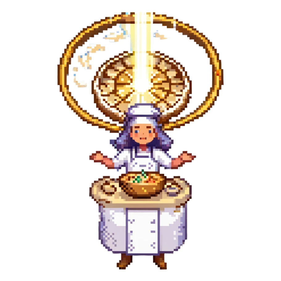 A divine baker surrounded by floating utensils, radiant ingredients, and a halo of light. The oven levitates, powered by pure energy. UI resembles clouds, golden rays, and ethereal scrolls—like a heavenly recipe interface. sticker