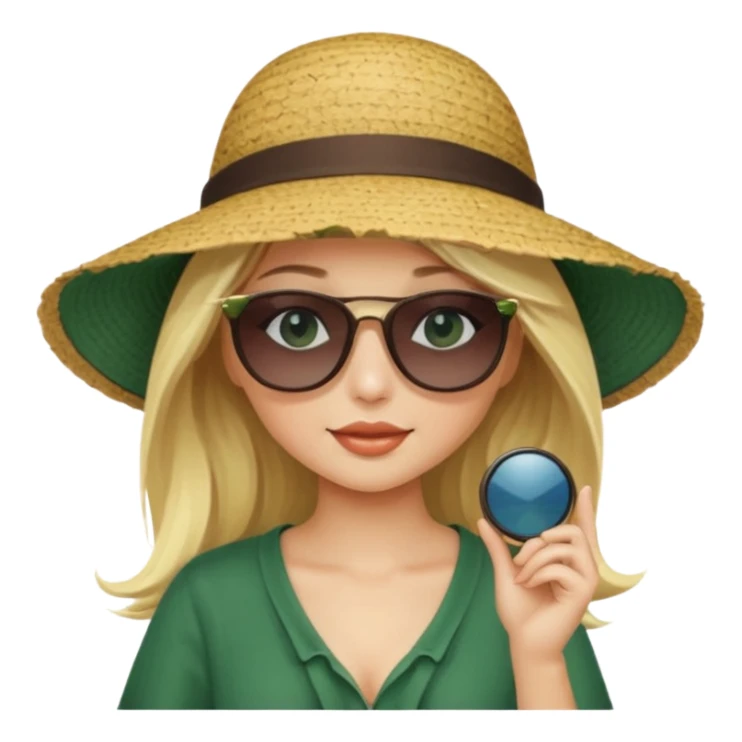 
blonde girl in dark green beach big hat adjusting sunglasses sticker