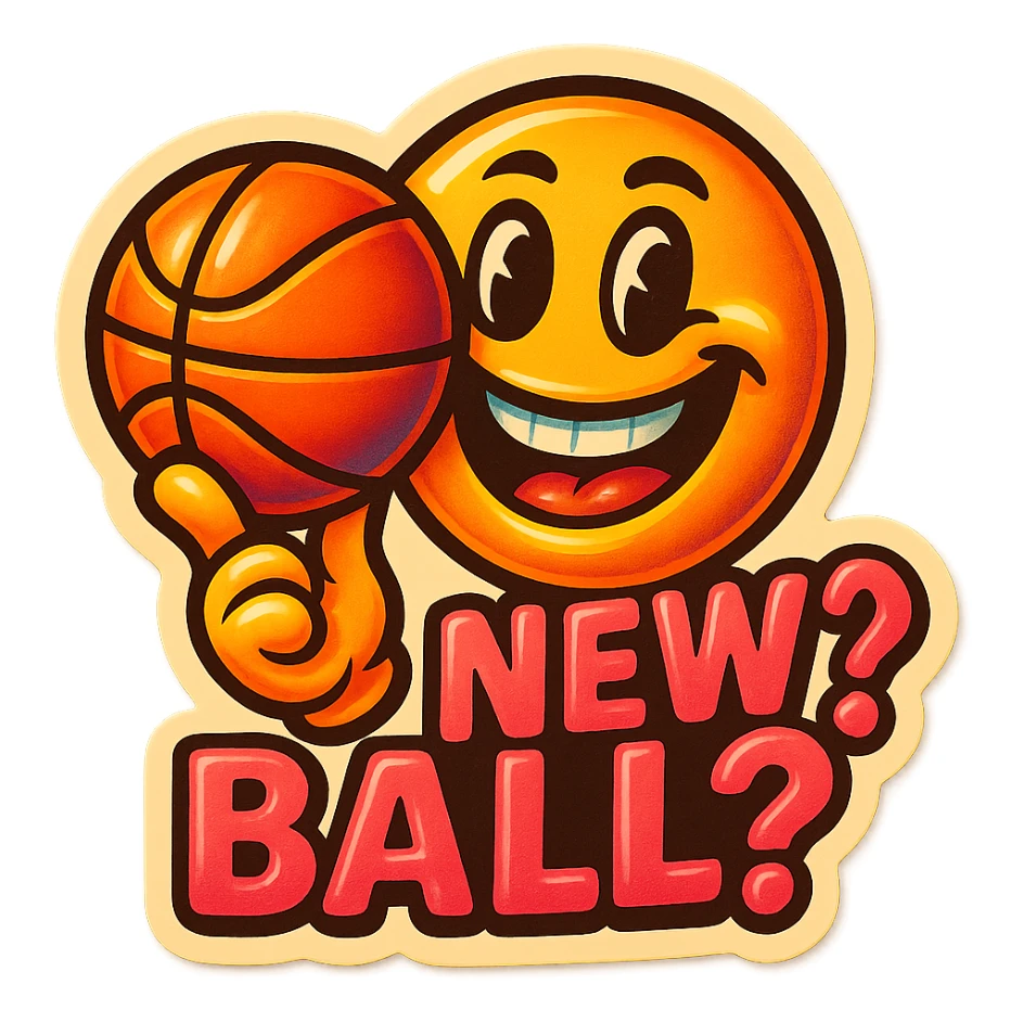 Grin holding a Basketball
add the words New Ball? in pink sticker