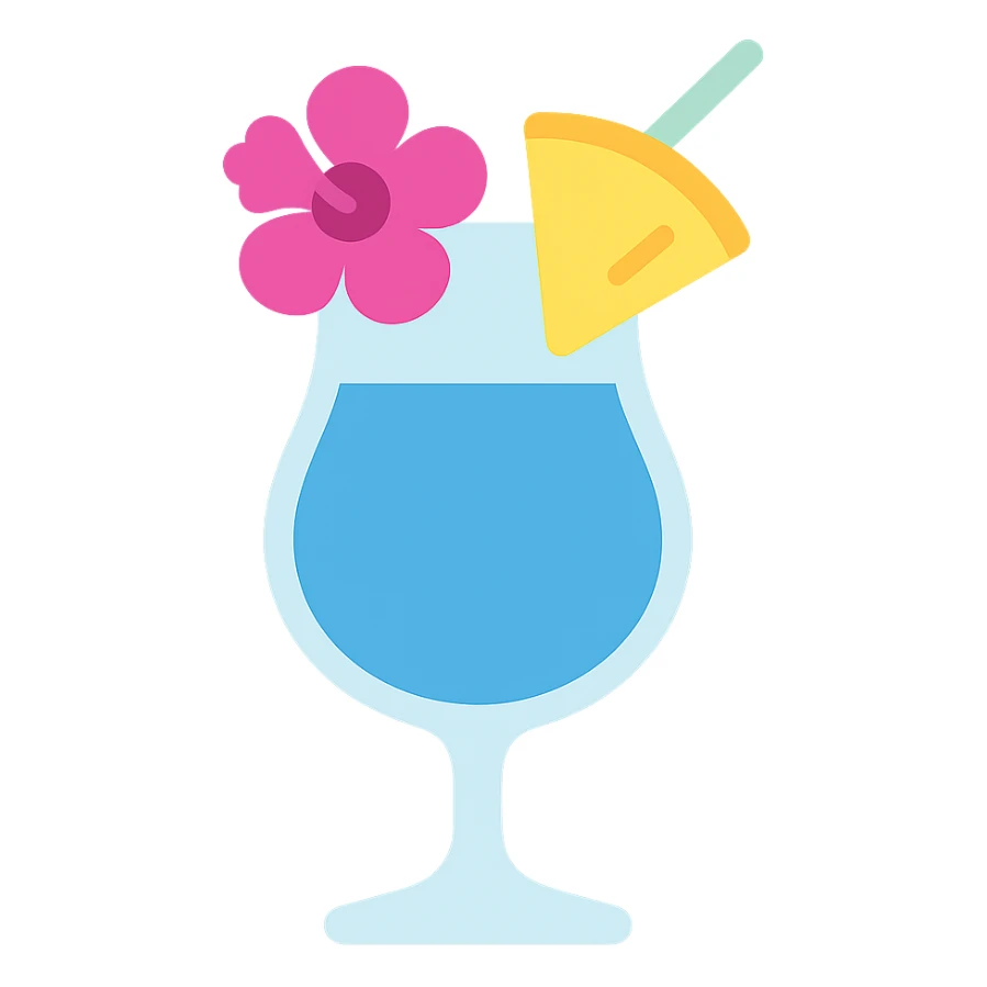 tropical fruity blue cocktail with hibiscus and pineapple garnish sticker