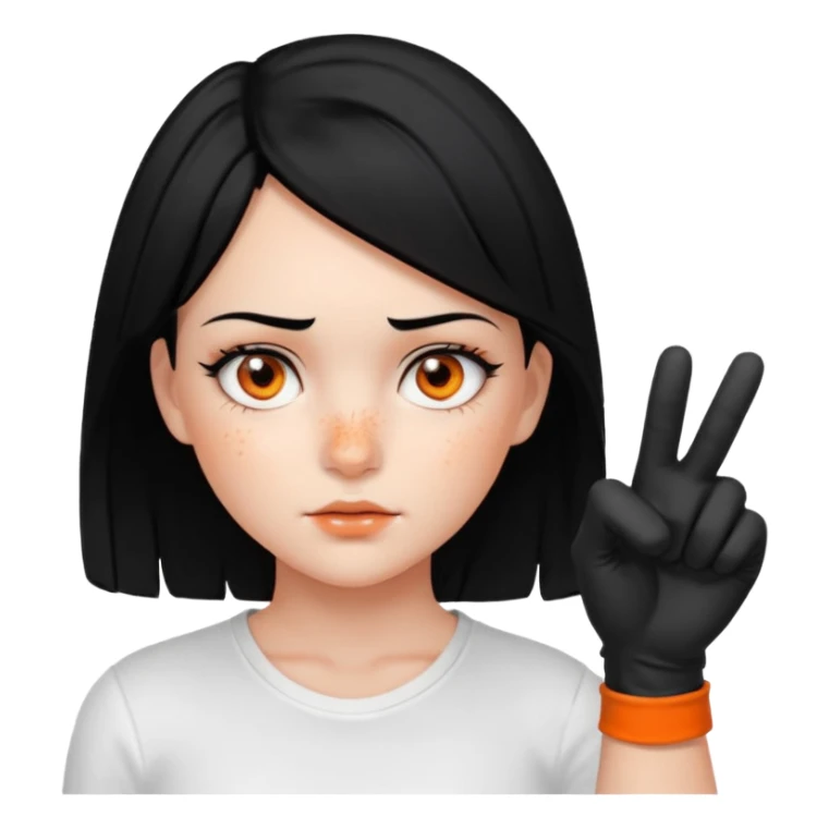 Girl with Black hair , scars on her nose to her left cheeks,orange eyes, withe shirt, pointing at you , with black gloves  sticker