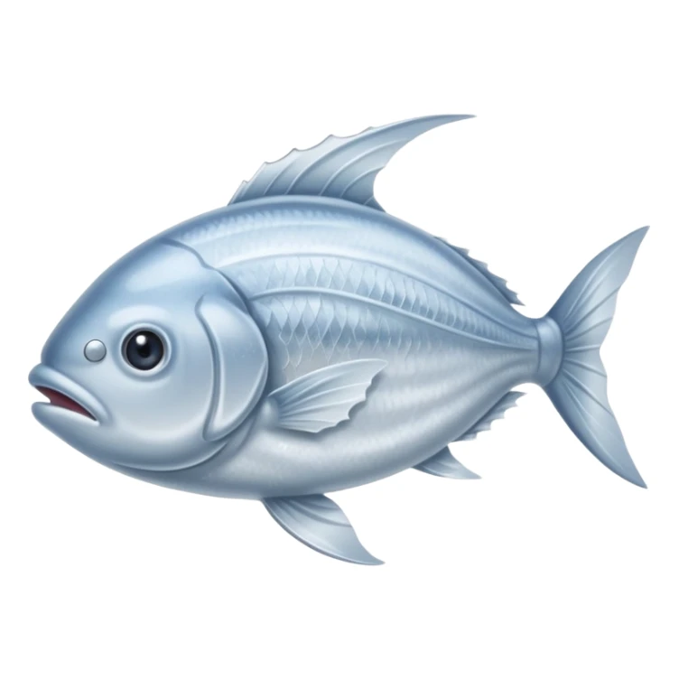 whole silver fish or fillet encased in a thin layer of frost, subtle ice crystals on the surface, slightly muted color tone, texture firm and chilled, clean defined contours, no packaging, tray, or garnish, soft lighting, subtle shadows, emoji scale sticker