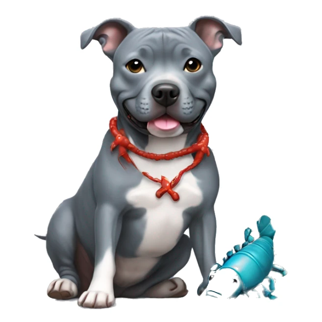Blueish gray Staffy with lobster toy  sticker
