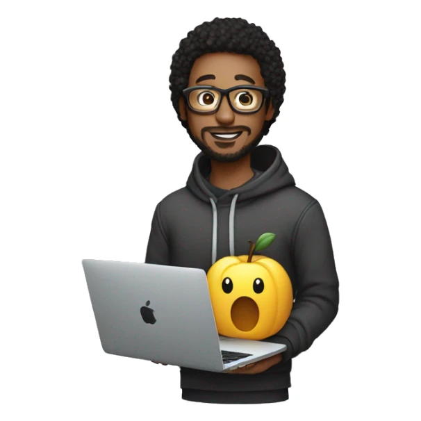 a designer in glasses and a hoodie holds a mac book in his hands sticker