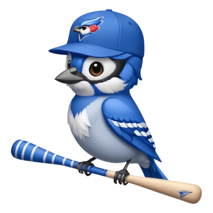 bluejay standing swinging bat with  toronto blue jays baseball hat sticker