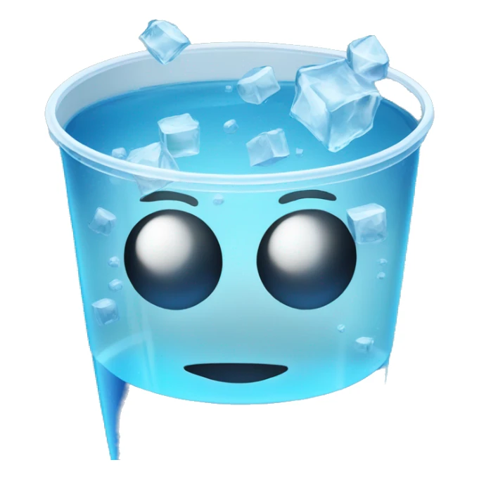 Realistic see-through plastic cup with translucent blue water in and ice cubes sticker