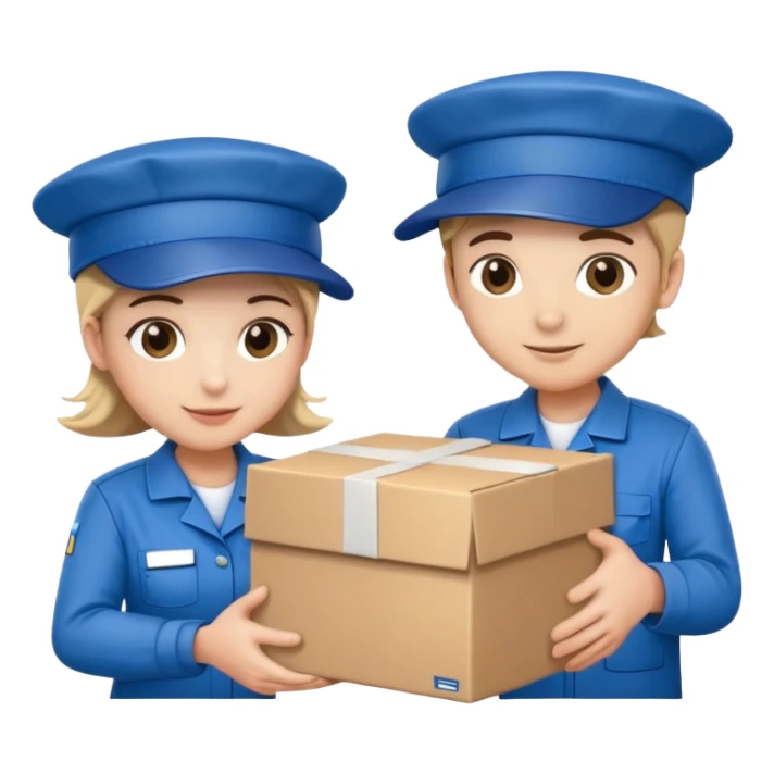 two suppliers in blue work uniforms wearing hat-style caps holding a big box together sticker