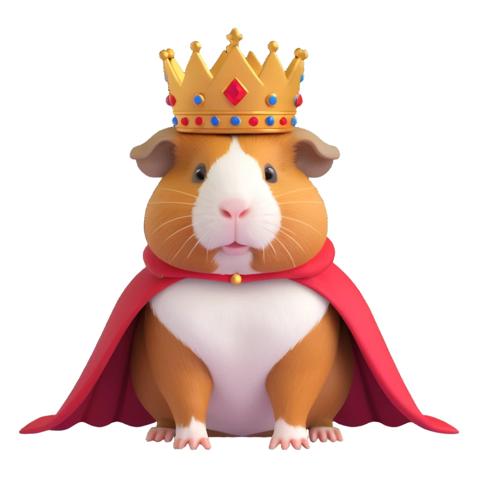 cute and expressive guinea pig wearing a royal crown and cape, regal pose sticker