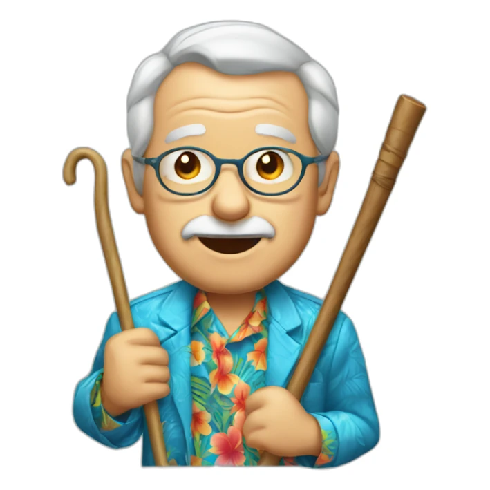 old man holding cane wearing blue Hawaiian shirt and jacket, kids face sticker