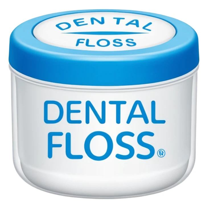 A small round plastic container with the phrase  "dental floss" on it sticker