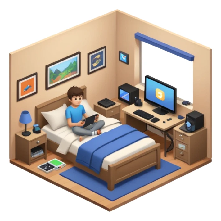 Teenage boy's ultra detailed bedroom interior isometric sticker