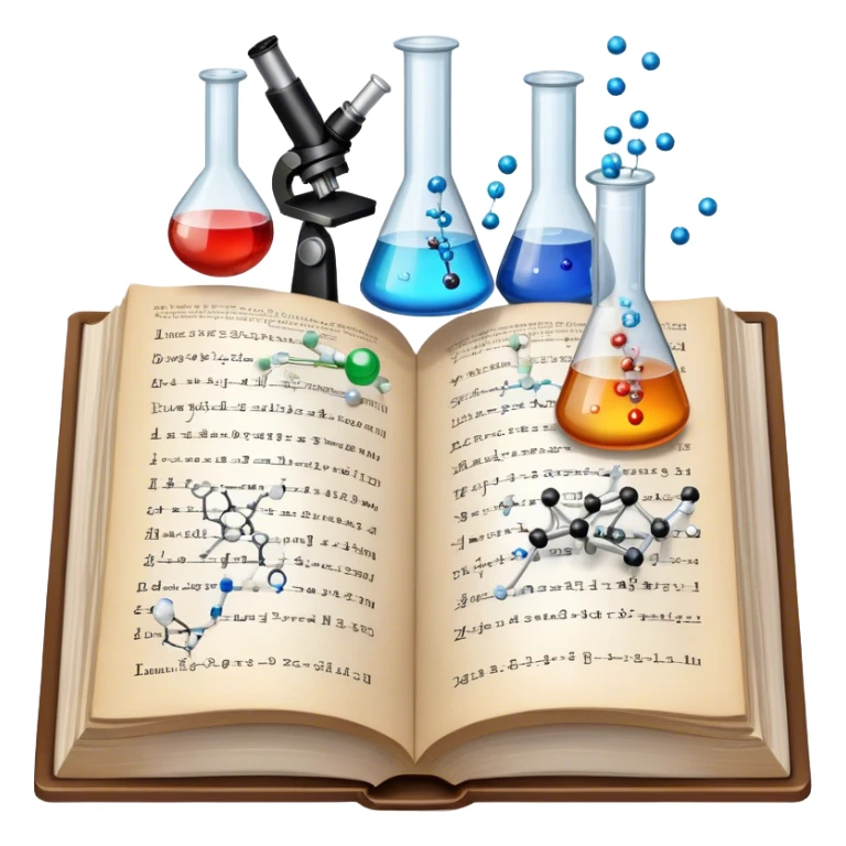 Icon for Scientific and Educational Reading: an open book with mathematical and physical formulas on the pages, with molecules and atoms flying out. On the desk are test tubes, flasks, and a microscope. Transparent background. sticker