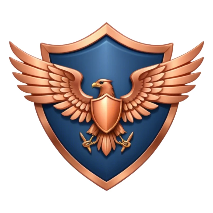 a navy blue shield with large copper wings sticker