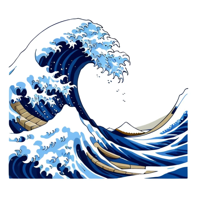 Cinematic Realistic Great Wave off Kanagawa, depicted as a colossal, crashing wave with dynamic blue hues and frothy white crests, rendered with intricate textures and fluid motion that captures both the timeless power and poetic beauty of the iconic Japanese artwork sticker