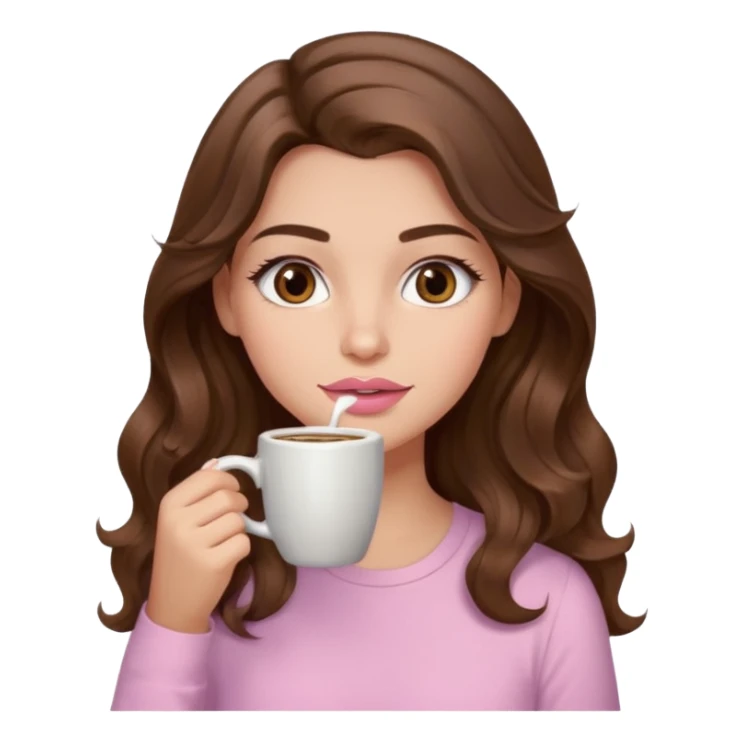 girl with wavy long brown hair, brown eyes, light to medium complexion, long lashes, light pink lipstick, wearing light pink shirt, sipping coffee sticker