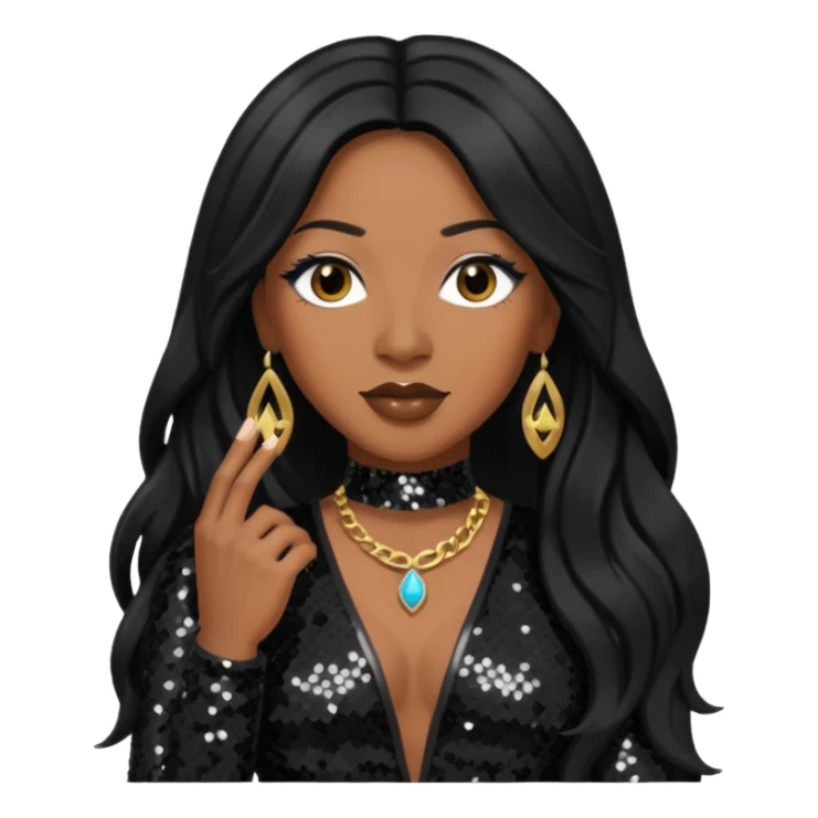Taj from SWV with long black hair, black sequin outfit sticker