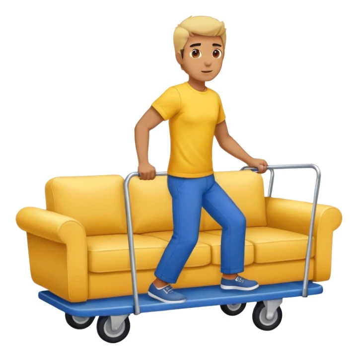 man in blue pants and yellow t-shirt, moving a sofa on trolly sticker