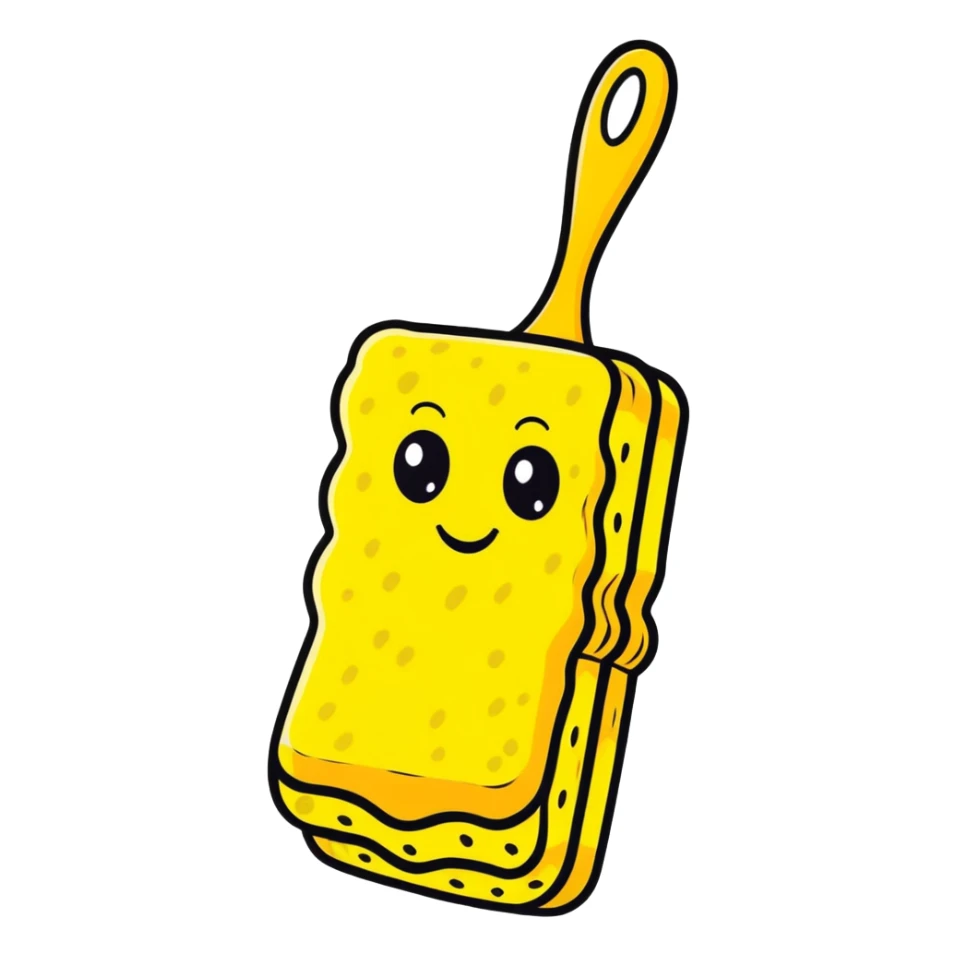 A cheerful yellow kitchen sponge with a cute smiling face and eyes sticker