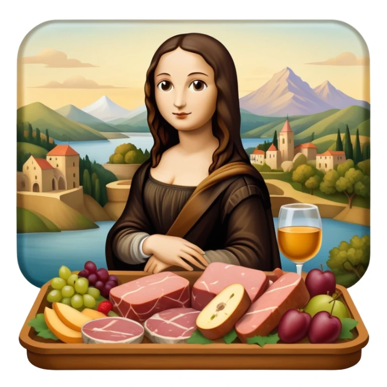  mona lisa with SPAM MEAT charcuterie and fruit tray renaissance landscape sticker