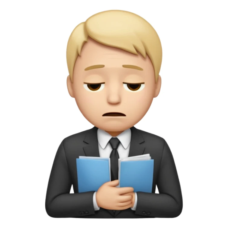  emoji character wearing a suit. face has a very sad crying, disappointed expression with drooping eyebrows and half-closed eyes. posture is dejected, with slumped shoulders just rejected from his interview to get a job, holding cv. dont relate to any gender sticker