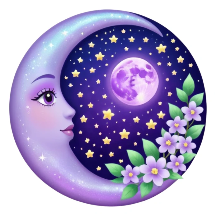 Beautiful poetic ethereal romantic magical aesthetic sparkly glittery shiny pretty floating pastel lilac lavender Violet moon and flowers and leaves aesthetic deco sticker
