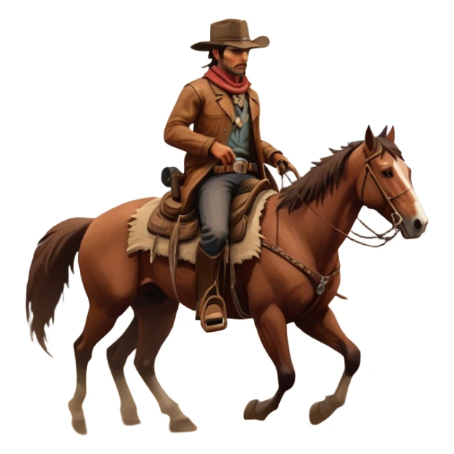An icon representing an adventure game, inspired by Red Dead Redemption II. The design features a rugged cowboy riding a horse through a vast, open landscape with mountains, deserts, and wild animals. The atmosphere conveys exploration, action, and the thrill of the journey. Transparent background sticker