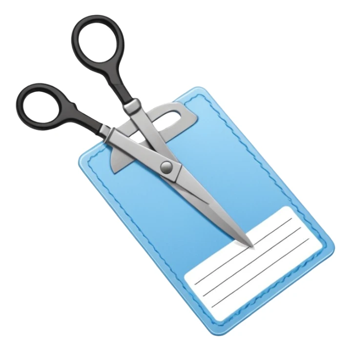 Floating black Scissors cutting a light blue idf ID card in 2 parts .hyper realistic sticker