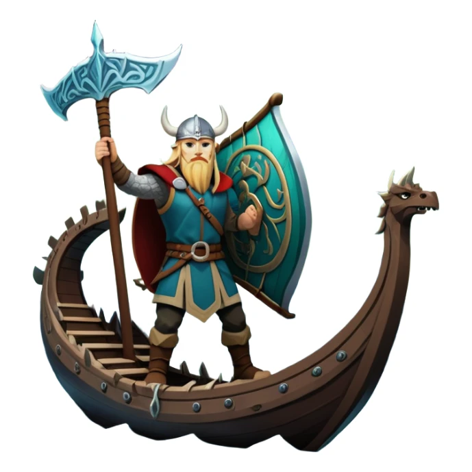 An icon representing an adventure game, inspired by Norse mythology. The design features a fierce Viking warrior standing at the prow of a dragon-headed longship, sailing through icy waters. Snow-capped mountains loom in the distance as the northern lights dance overhead, evoking a sense of conquest, mystery, and legend. Transparent background. sticker