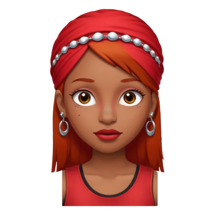 light-skinned black girl with long eyelashes with long strait dark brown hair with edges wearing a red top with no sleeves. and a red accessory on her head with nose and mouth piercings. sticker