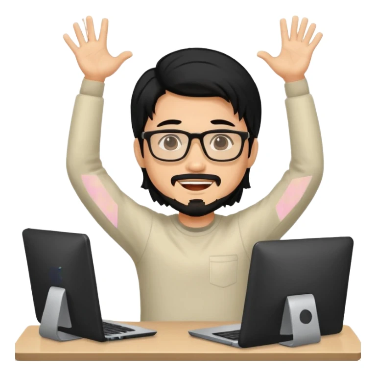 a young man with long black hair, with goatee, wearing glasses sitting with a computer, his arms up,cheering sticker